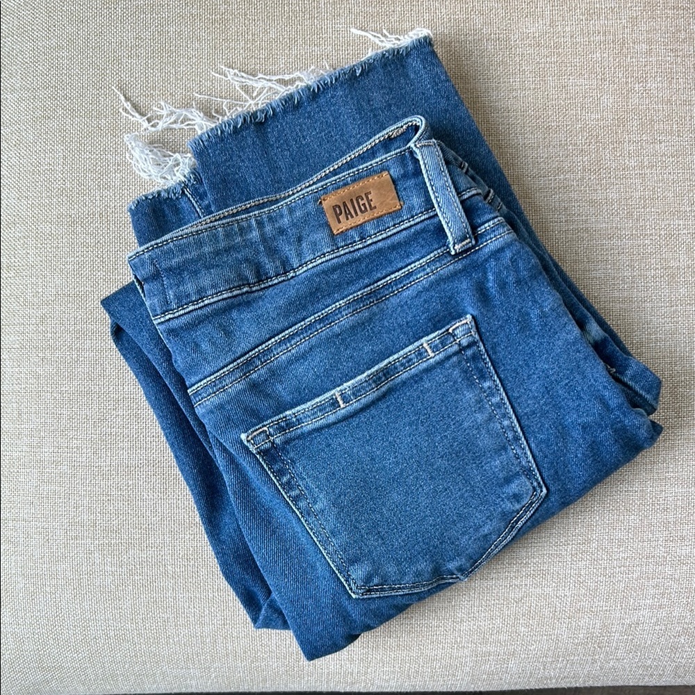 PAIGE Blue Ankle Cropped Jeans Distressed